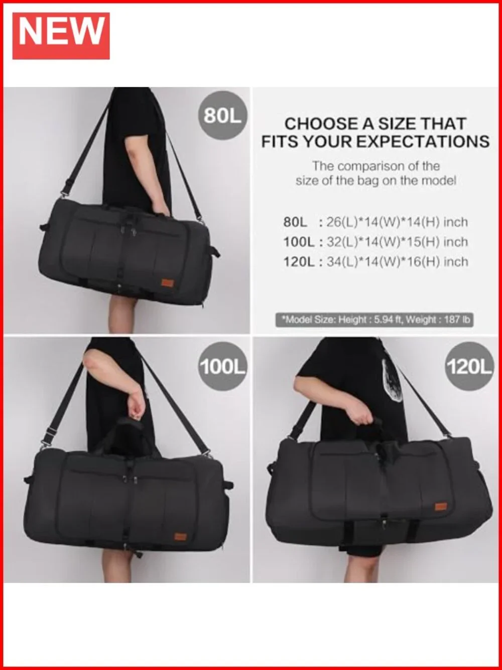 120L Foldable Collapsible Waterproof Travel Duffel Bag with Shoe Compartment